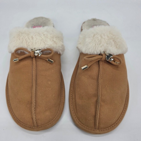 Kate Spade Lacey Slipper Tan Faux Fur Trim Bow Slip On House Shoe Charm Mule 8 B - Picture 1 of 8